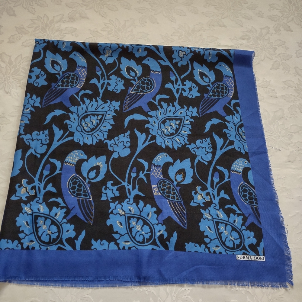Vintage Norma Dori royal blue birds floral tapestry large scarf wrap Pashmina
